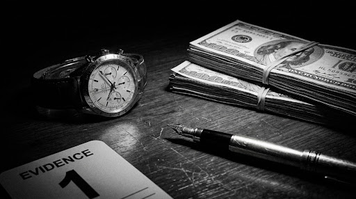 Forensic photography style, black and white, high contrast, economic crime evidence.