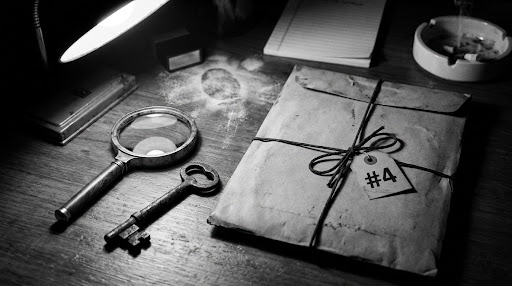 Hero evidence photo: magnifying glass, an old key and a tied evidence envelope on a desk